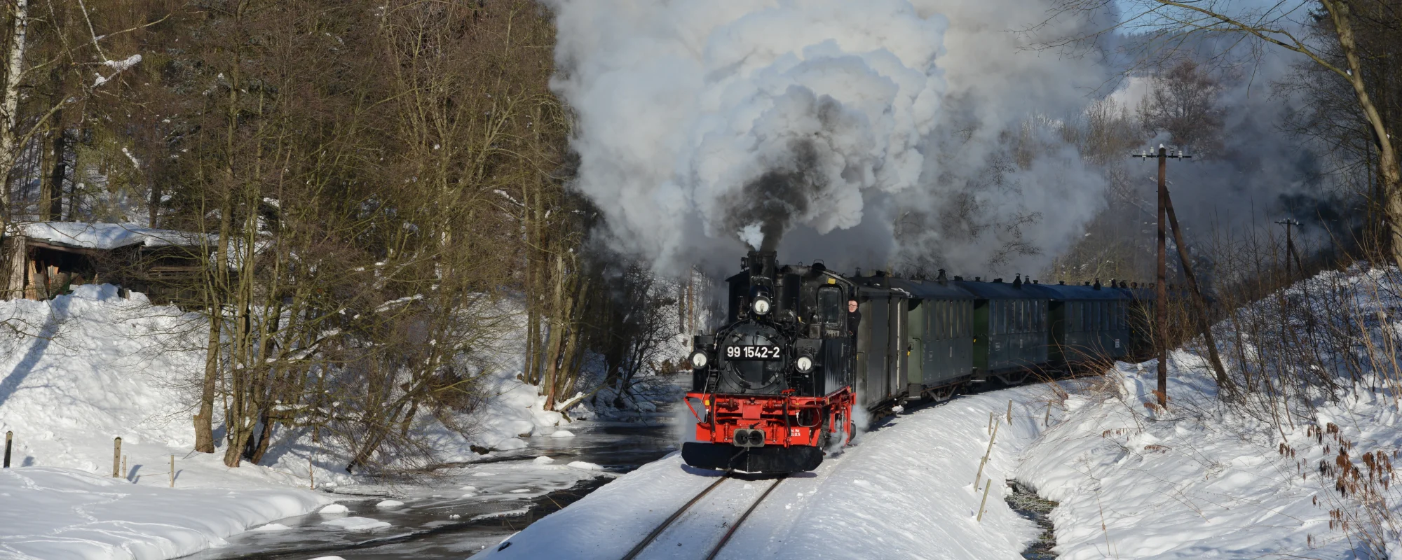 Dampfzug auf der Pre&szlig;nitztalbahn im Winter unterwegs.